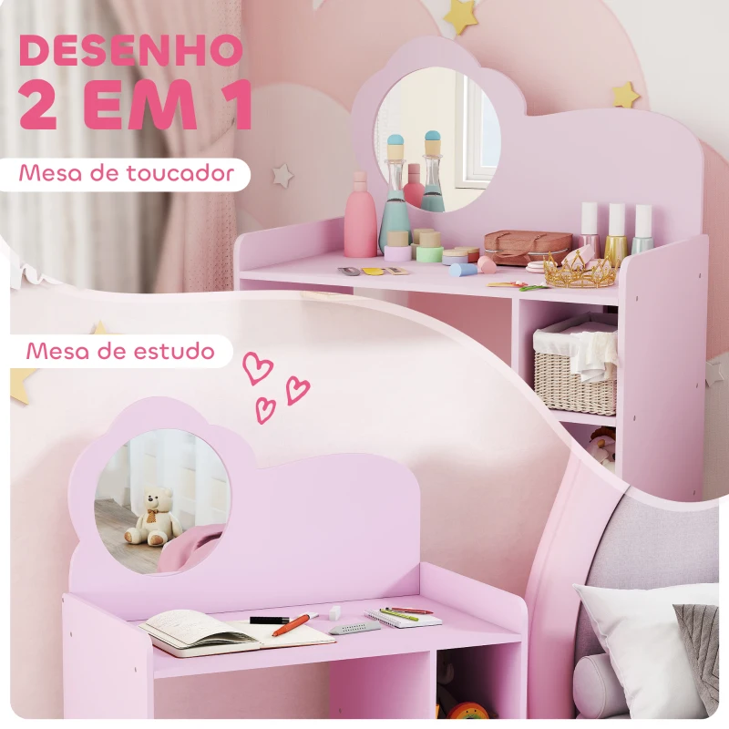 AIYAPLAY Toucador para Crianças com Banco e Espelho em Forma de Flor com Compartimentos Abertos 70x39x92,5 cm Roxo