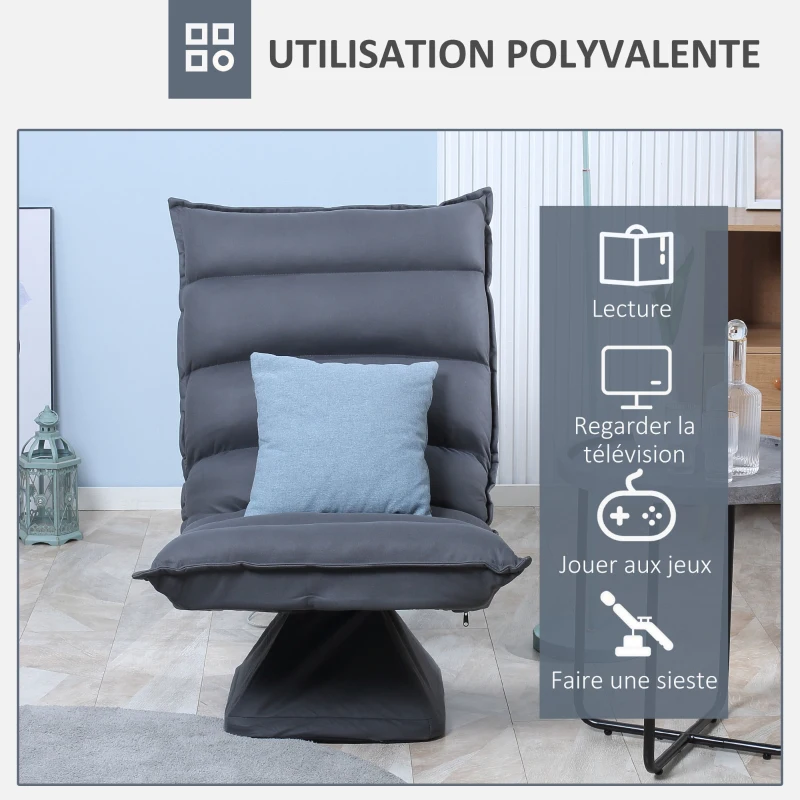 HOMCOM Fauteuil de sol paresseux pivotant 360° avec dossier inclinable design capitonné 62 x 62 x 95 cm gris foncé