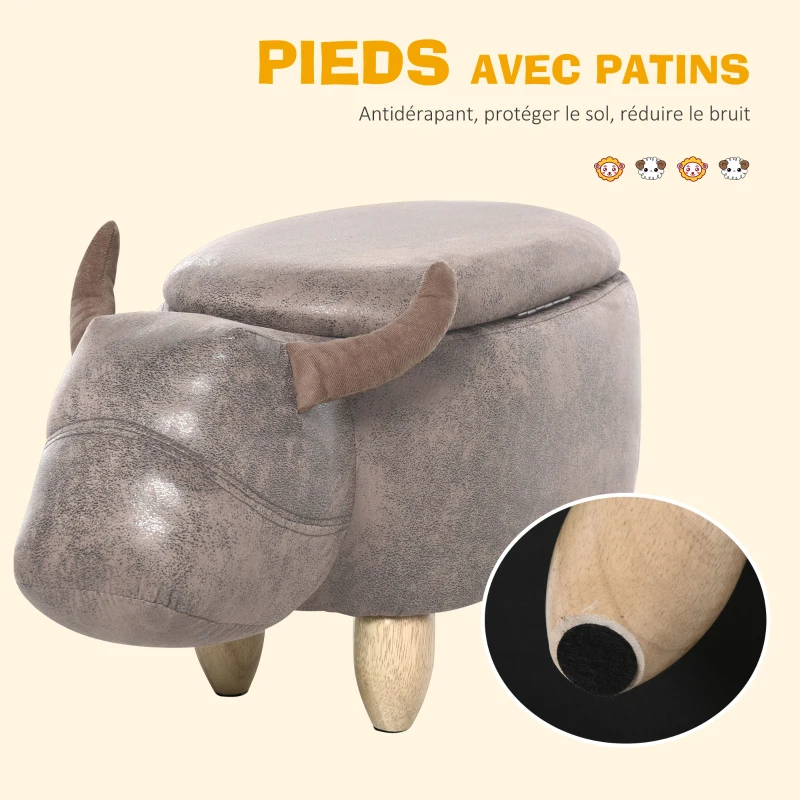 HOMCOM Tabouret Vache - Pouf Vachette - Pouf Taureau Coffre de Rangement 2 en 1 - Pieds Bois d'hévéa revêtement synthétique Aspect Daim Vieilli Marron