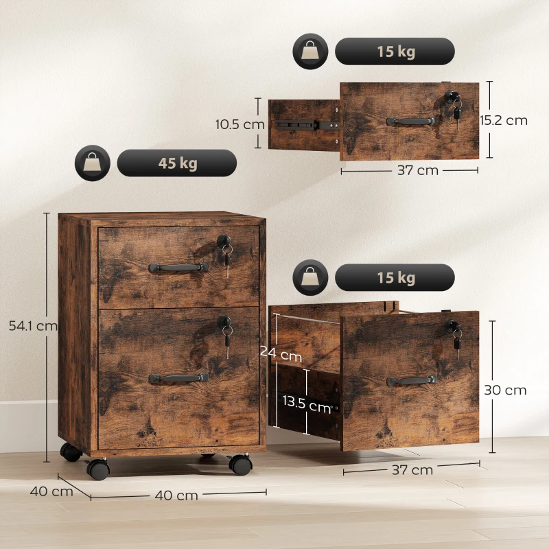 HOMCOM Rolling File Cabinet with 2 Drawers, Mobile Filing Cabinet with Hanging File Folder for Letter Sized Documents, Rustic Brown