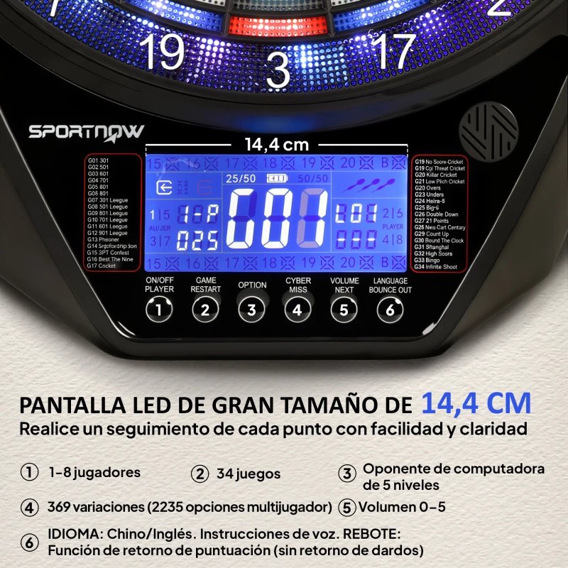 SPORTNOW Diana Electrónica con 6 Dardos y 24 Puntas Blandas Pantalla LED 34 Juegos y 2235 Programas 60,5x45,5x3,6 cm Multicolor