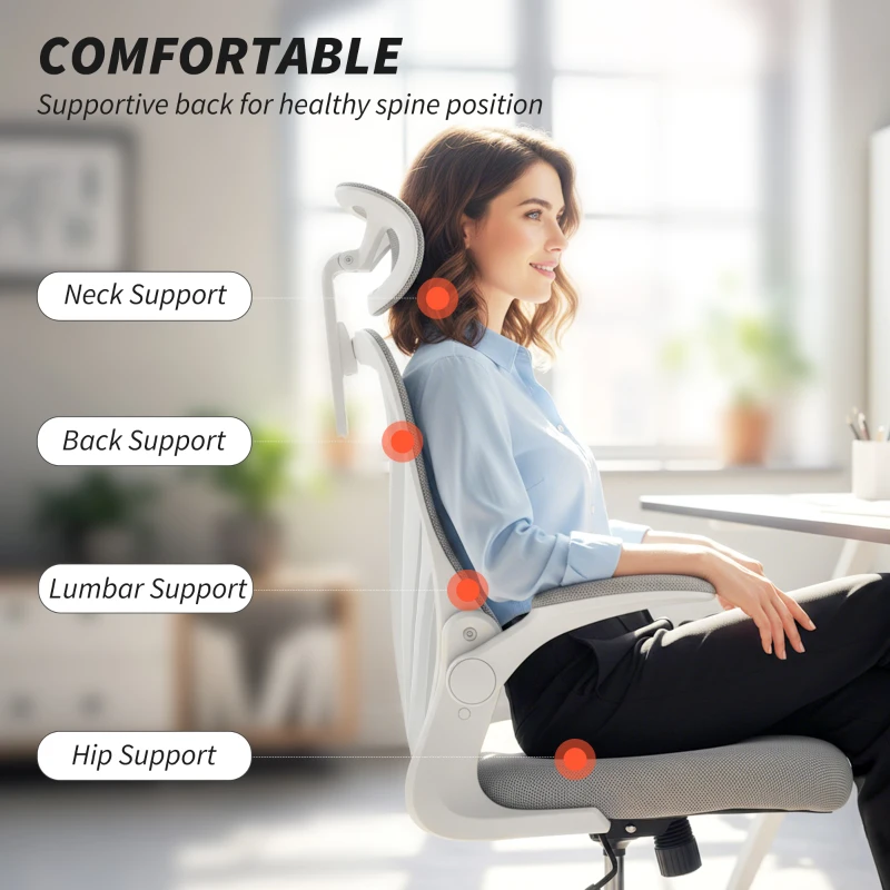 HOMCOM Ergonomic Office Chair with Foldable Backrest, 2D Headrest - Light Grey