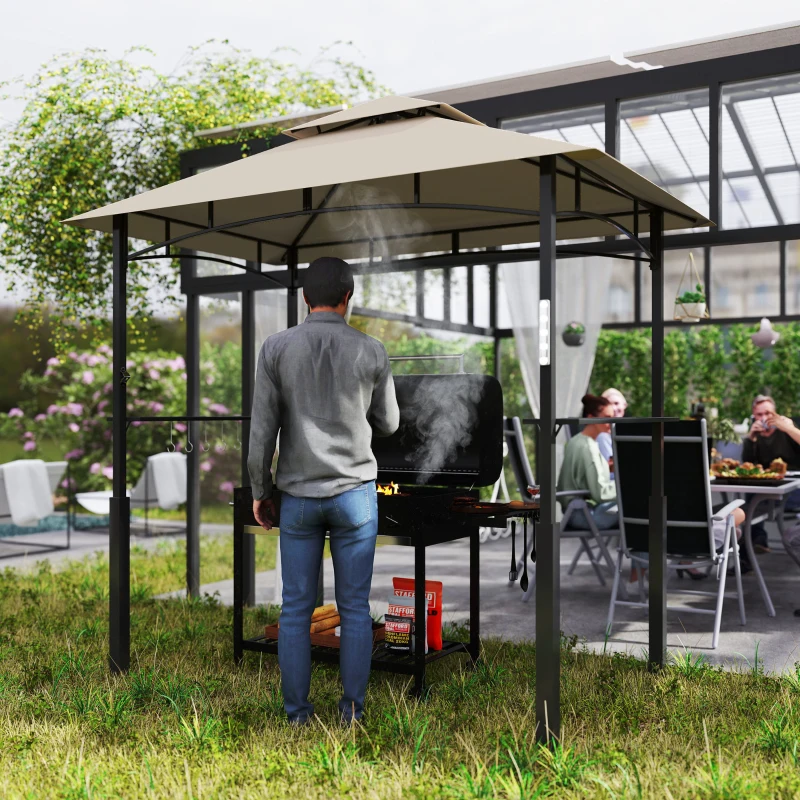 Outsunny Tenda para churrasqueira de dois níveis cobertura para jardim com luz LED 240 x 150 x 250 cm kaki