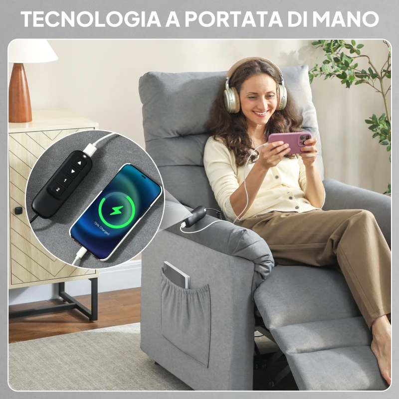 HOMCOM Poltrona Reclinabile con 8 Punti Massaggio e 5 Modalità, Poggiapiedi, Riscaldamento, Tessuto Vellutato, Grigio
