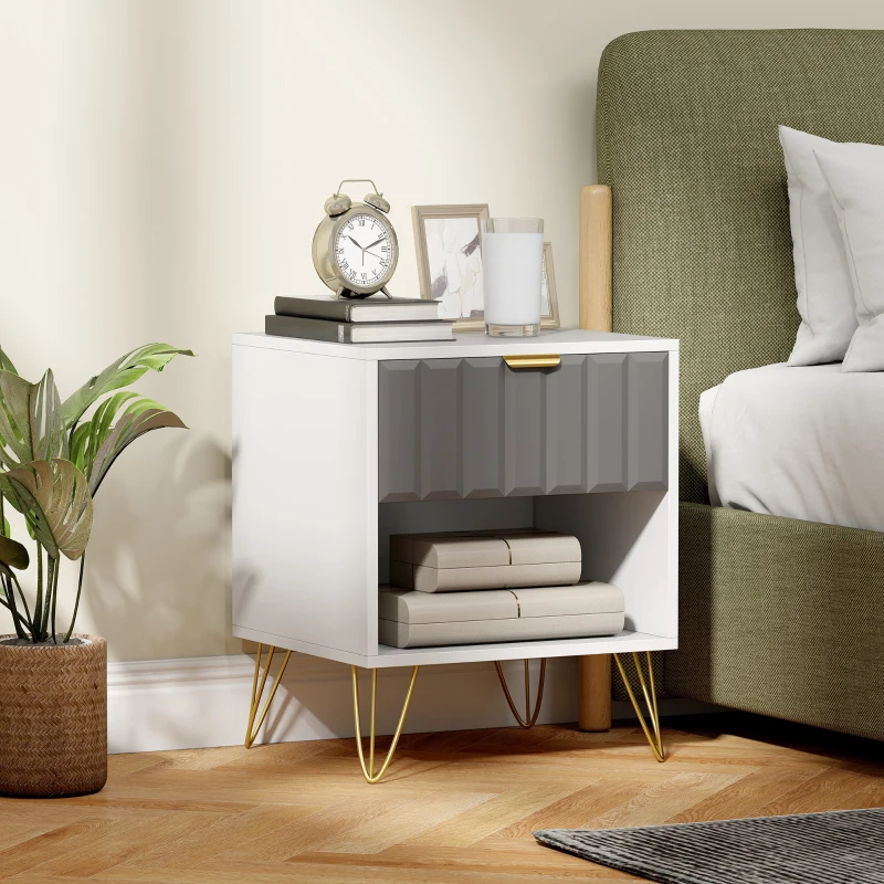 HOMCOM Bedside Table Modern Bedside Cabinet with Drawer and Open Compartment, 45 x 40 x 55, White