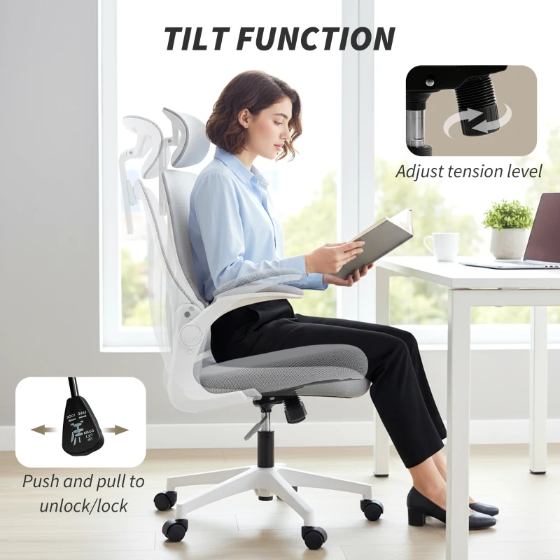 HOMCOM Ergonomic Office Chair with Foldable Backrest, 2D Headrest - Light Grey