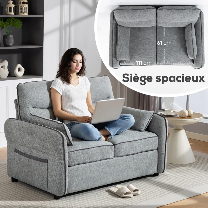 HOMCOM Canapé 2 places, canapé de salon en velours égyptien, 2 oreillers inclus, poche latérale, 136 x 81 x 90 cm, gris