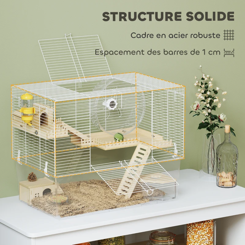 PawHut Cage à hamster à 3 niveaux, cage rongeur avec roue d'exercice, plateau profond transparent, 59 x 35,5 x 47 cm, blanc