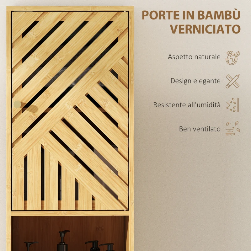 HOMCOM Mobile Colonna Bagno con 2 Armadietti e 2 Ripiani con Scaffale Regolabile, in Bambù e Truciolato, 32x30x170 cm