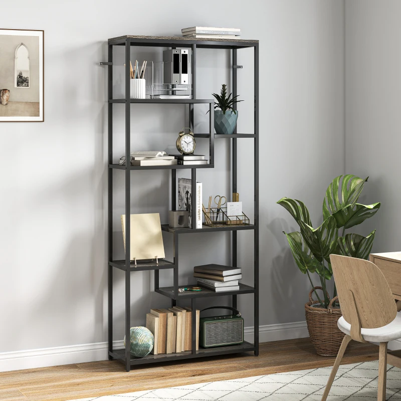 HOMCOM Seven-Tier Geometric Bookcase - Grey/Black