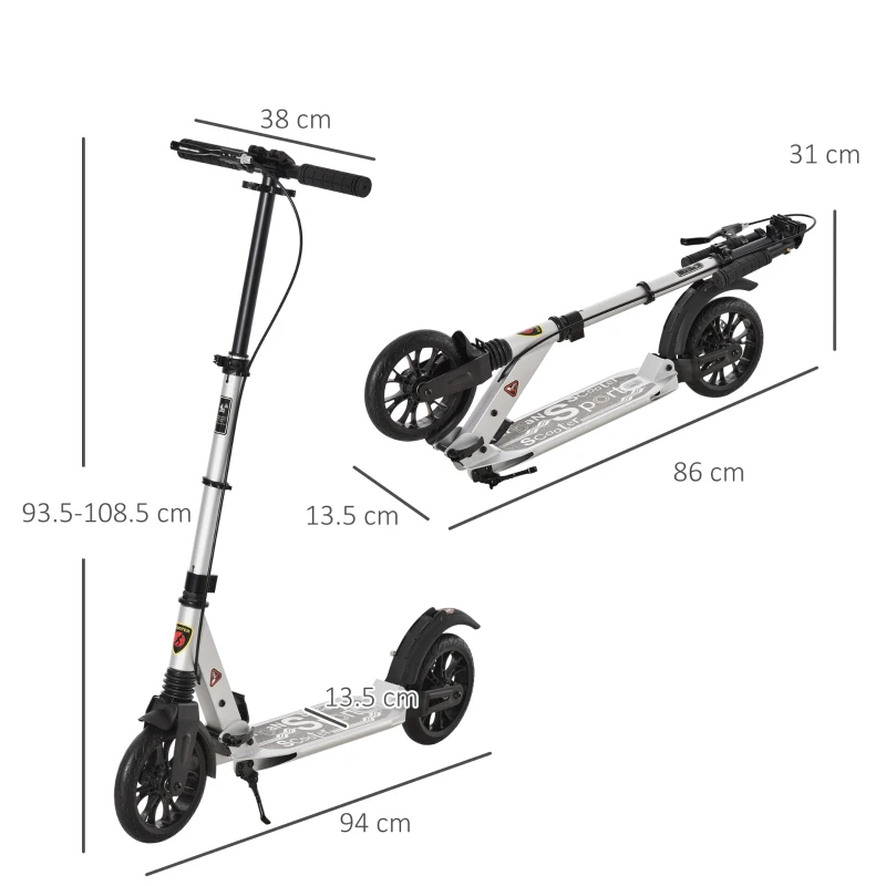 HOMCOM Teen/Adults Aluminium Folding Kick Scooter w/ Shock Mitigation System Silver
