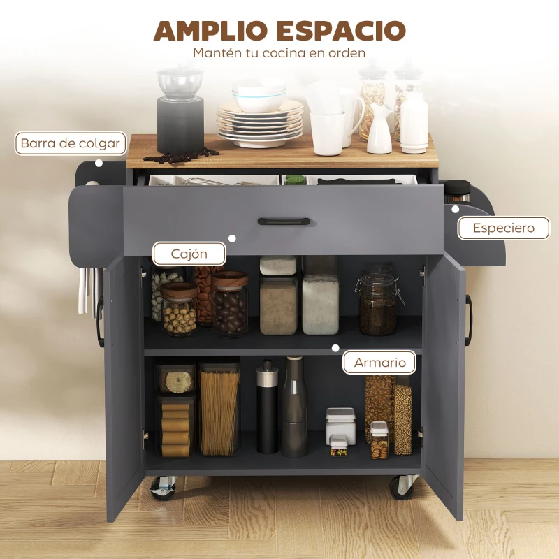 HOMCOM Isla de Cocina con Ruedas con Cajón Armario con Puertas Toallero y Especiero 105x36x85 cm Gris