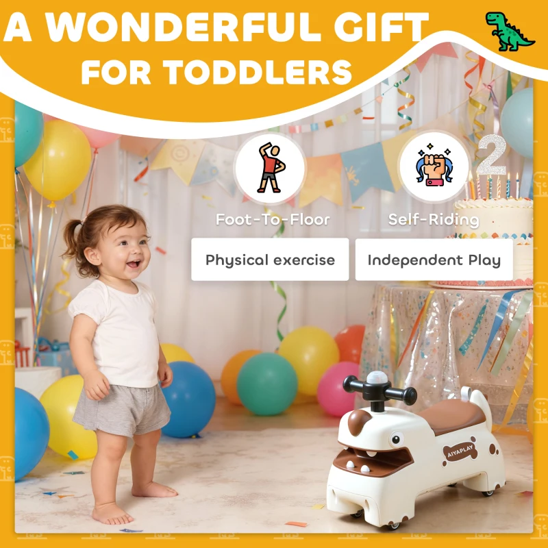 AIYAPLAY Kids Ride On Car, Dinosaur Foot to Floor Slider with Storage, Toddler Walker with Light, Sounds, Cream