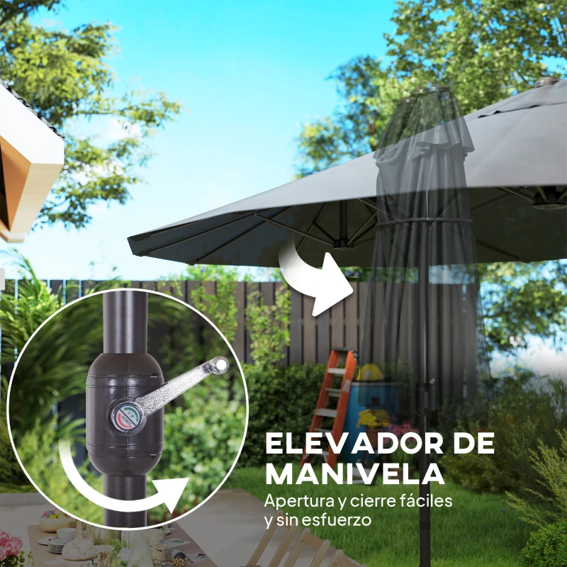 Outsunny Sombrilla Doble para Jardín 455x265x238 cm Parasol Grande con Manivela Manual Resistente al Agua Protección Solar Gris