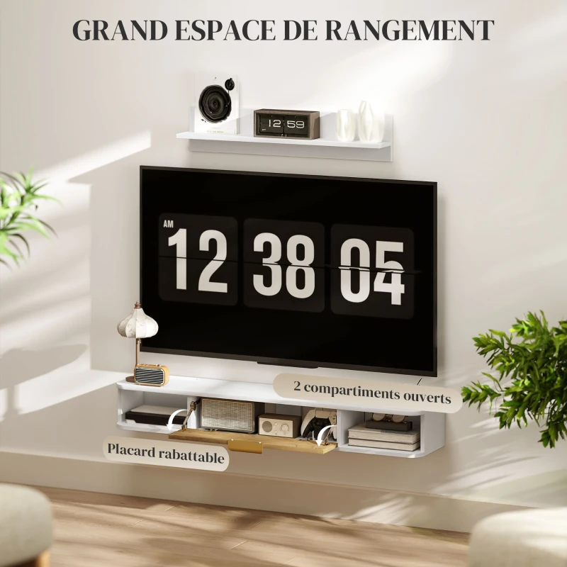 HOMCOM Ensemble meuble TV suspendu avec étagère murale meuble télé bois mural passe-câbles 120 x 24 x 16 cm blanc