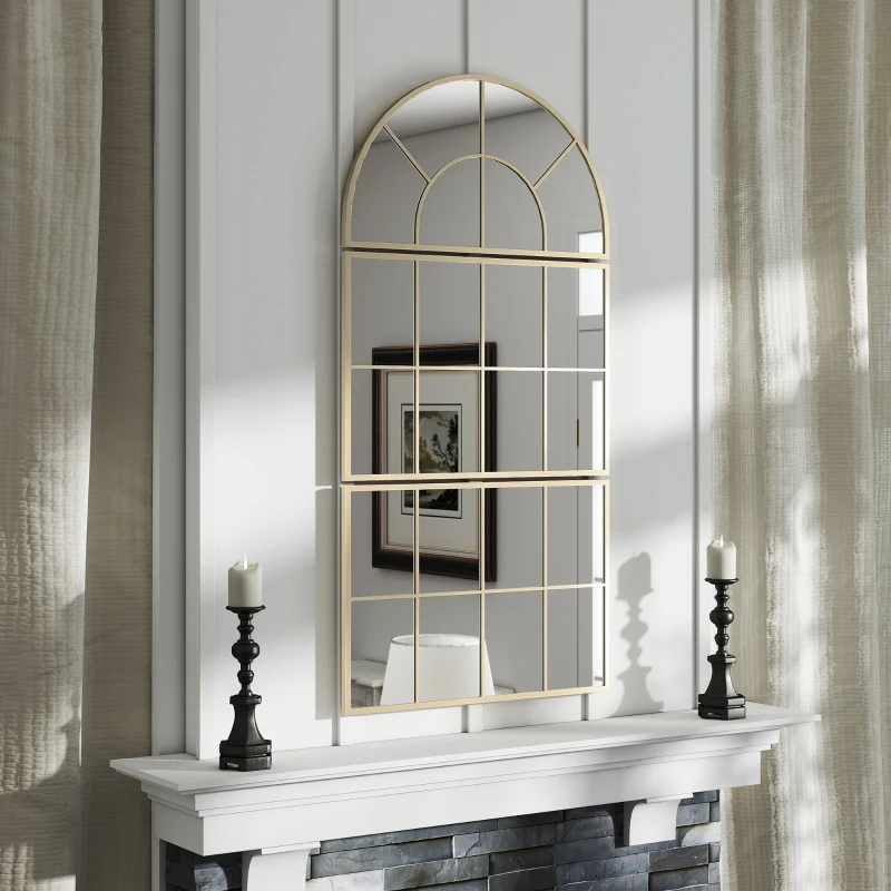 HOMCOM Oglindă de perete arcuită oglindă de perete în formă de fereastră set de 3 piese cadru din metal 76 x 150 cm auriu