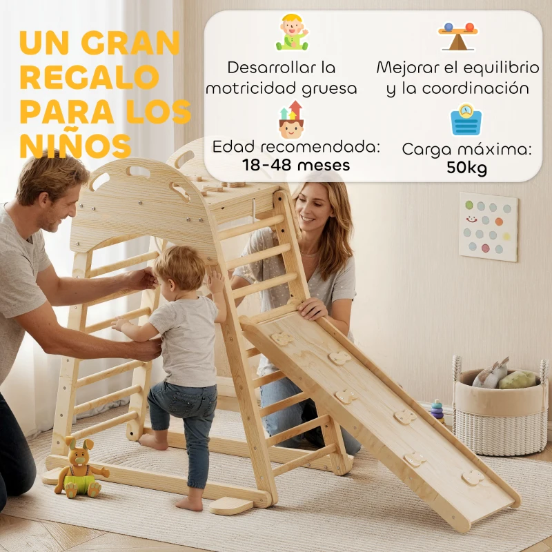AIYAPLAY 6 en 1 Triángulo de Escalada Montessori con Plataforma y Anillos Estructura de Escalada de Madera con Tobogán Natural