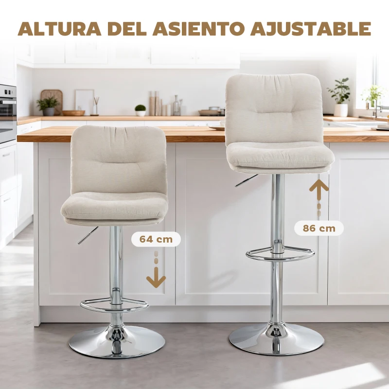 HOMCOM Juego de 2 Taburetes Altos de Cocina Giratorios Tapizados de Lino con Altura Ajustable Respaldo y Reposapiés Beige