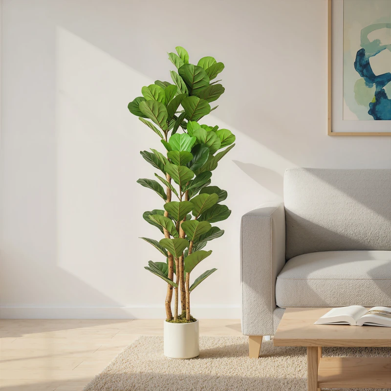 HOMCOM Plante artificială de interior 150 cm Ficus lyrata arbore artificial cu ghiveci din plastic și trunchi din lemn masiv, verde
