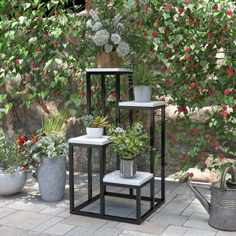 Outsunny Étagère à plantes étagère à fleurs en métal et bois 4 niveaux de différentes hauteurs style industriel 34 x 34 x 66 cm