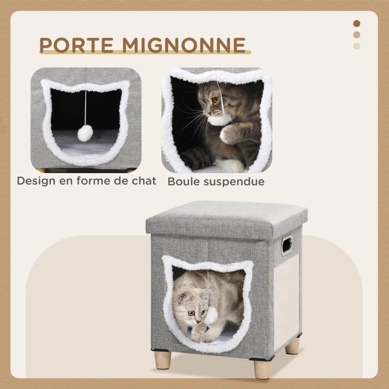 PawHut Niche chat interieur maison chat interieur 2 en 1 pied en bois coussin amovible lavable balle, 35,5x35,5x42,5cm, gris