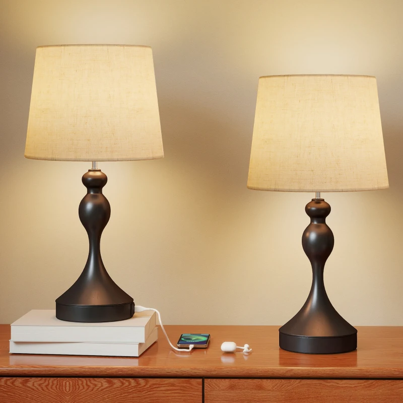 HOMCOM Set of Two Three-Colour Lamps, with USB Ports - Black/Beige
