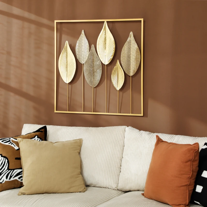 HOMCOM Décoration murale en métal moderne, sculpture murale en métal en forme de feuille, 70 x 70 cm, doré