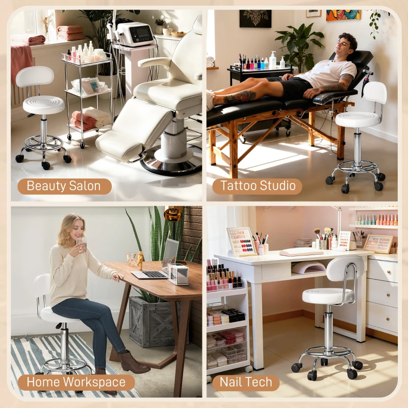 HOMCOM Taburete Giratorio con Respaldo y Ruedas Silla Ajustable para Salón de Belleza Estudio de Tatuajes 32x40x70-86cm Blanco