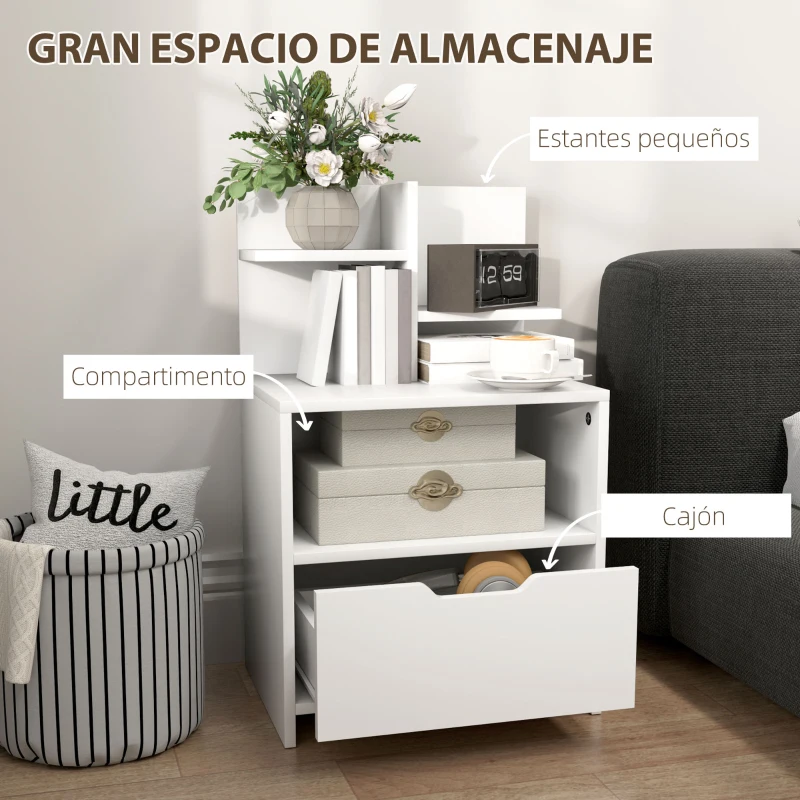 HOMCOM Mesita de Noche Mesilla de Noche Moderna con Cajón y Estantes de Almacenamiento para Salón Dormitorio 45x35x73cm Blanco