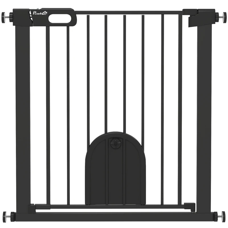 PawHut Dog Gate with Cat Flap Pet Safety Gate Barrier, Stair Pressure Fit, Auto Close, Double Locking, for Doorways, Hallways, 75-82 cm Black