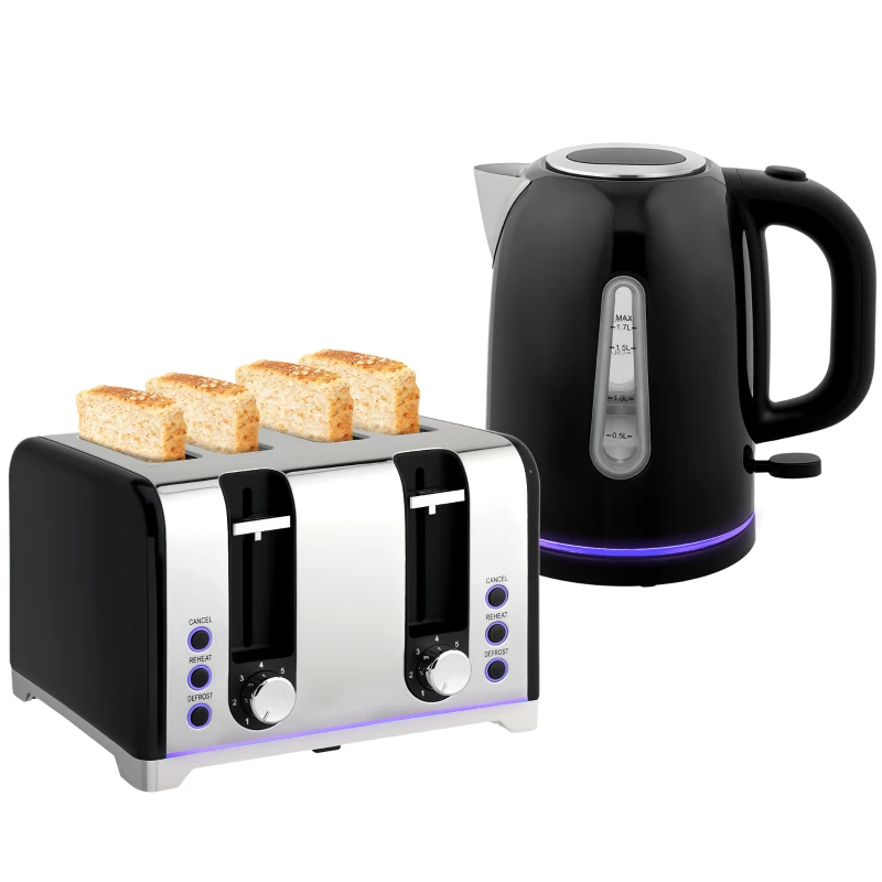 HOMCOM Kettle and Toaster Set, 1.7L 3000W Rapid Boil Jug Kettle with Otter Thermostat, Limescale Filter, 4 Slice Toaster with 7 Browning Controls, Crumb Tray, LED Strip, Black