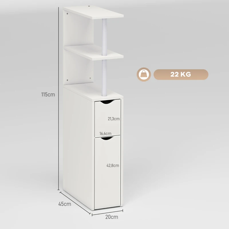 HOMCOM Meuble de salle de bain meuble de rangement avec tiroir sur roulettes, avec étagères ouvertes, 20 x 45 x 115 cm, blanc