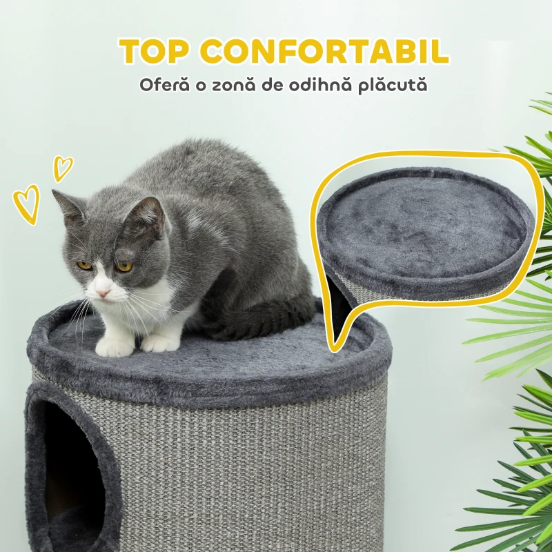 PawHut Cușcă pentru Pisici cu 3 Nivele, Zgârietoare din Sisal și Pluș, Ø38x70cm, Gri