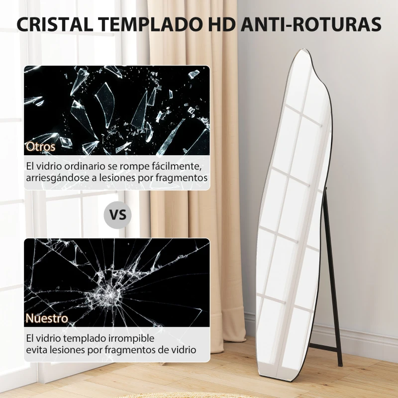 HOMCOM Espejo de Pie Cuerpo Entero sin Marco Espejo de Pie Forma Irregular con Soporte 40x4x160 cm Negro y Plata