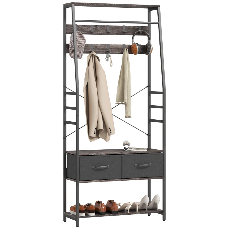 HOMCOM Coat Rack with Shoe Storage, Hall Tree, Industrial Coat Stand with Shoe Bench, 10 Removable Hooks, 2 Fabric Drawers and Clothes Rail for Entryway, Hallway, Grey