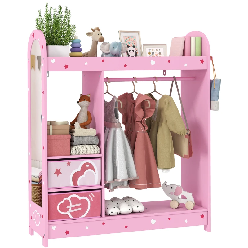 AIYAPLAY Kids Clothes Rail, Kids Wardrobe with Mirror, Shelves, Fabric Storage and Hooks for Bedroom, Nursery, Pink