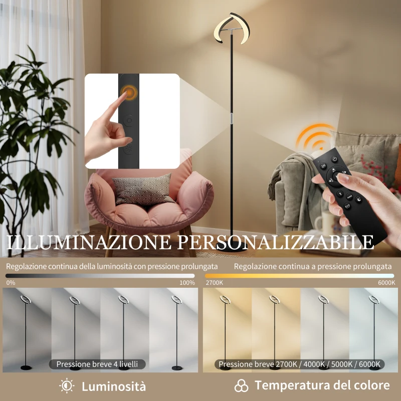 HOMCOM Lampada da Terra Dimmerabile 2700K-6000K con Telecomando e Doppia Testa Girevole a 350°, Nero