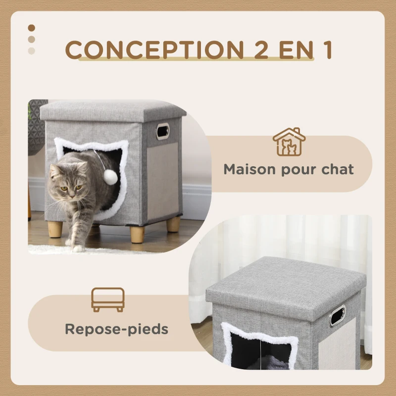 PawHut Niche chat interieur maison chat interieur 2 en 1 pied en bois coussin amovible lavable balle, 35,5x35,5x42,5cm, gris