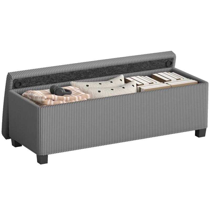 HOMCOM Banc de rangement bout de lit en velours côtelé avec couvercle, pour salon, chambre, entrée, 112 x 42 x 40 cm, gris