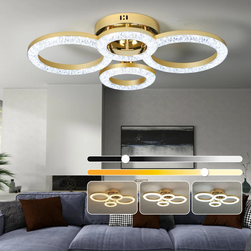 HOMCOM LED Ceiling Light, Modern 4 Rings Ceiling Lamp with Wall Switch Control, 40W 4350lm Flush Mount Ceiling Light with 3500K/4500K/6000K Colour Temperatures for Living Room, Bedroom, Gold Tone