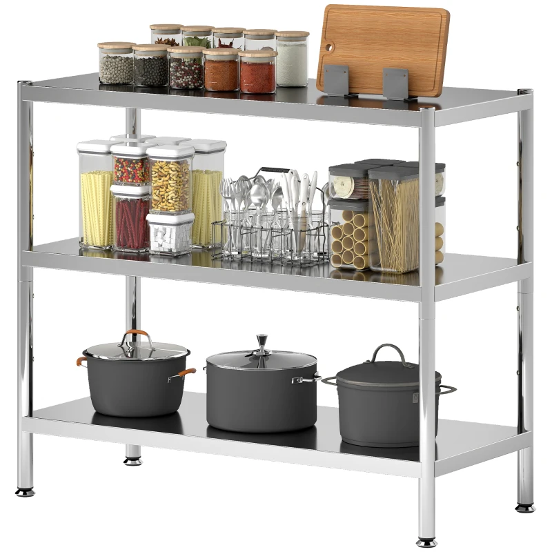 HOMCOM 3-Tier Bakers Rack with Storage, Stainless Steel Microwave Stand with Adjustable Shelves for Small Spaces, Kitchen Storage Unit for Spices, Pots and Pans, Silver Tone