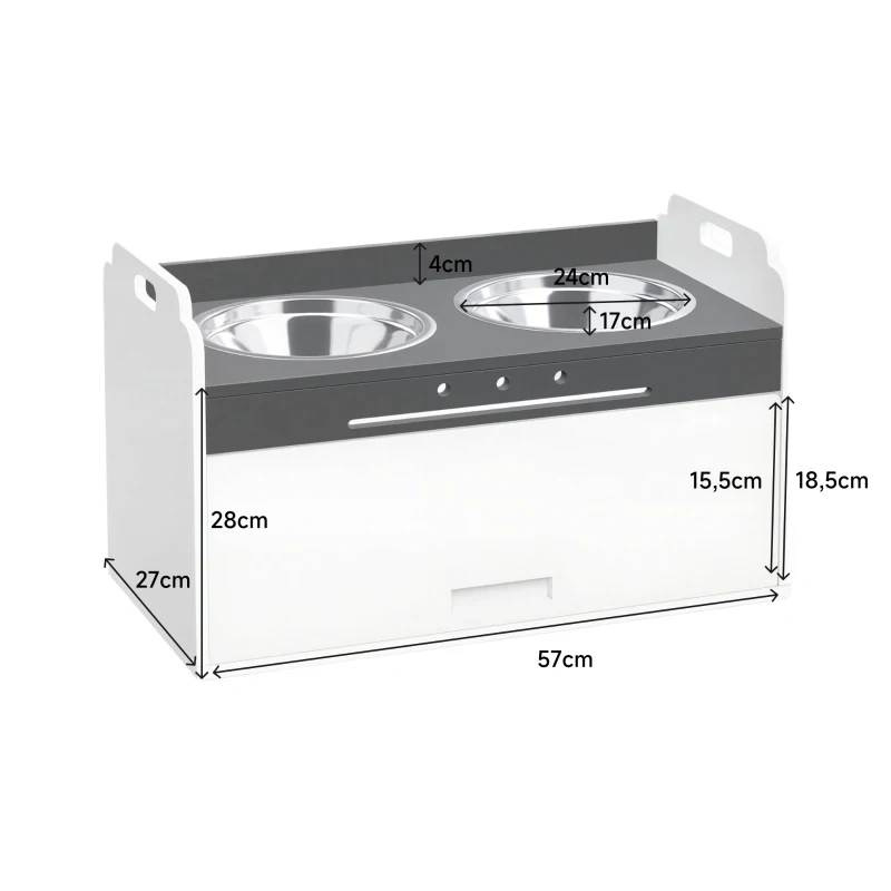 PawHut Comedouro Elevado para Cães com Armário de Armazenamento, 2 Tigelas com Anéis Antiderrapantes, 60 x 30 x 35,5 cm, Branco