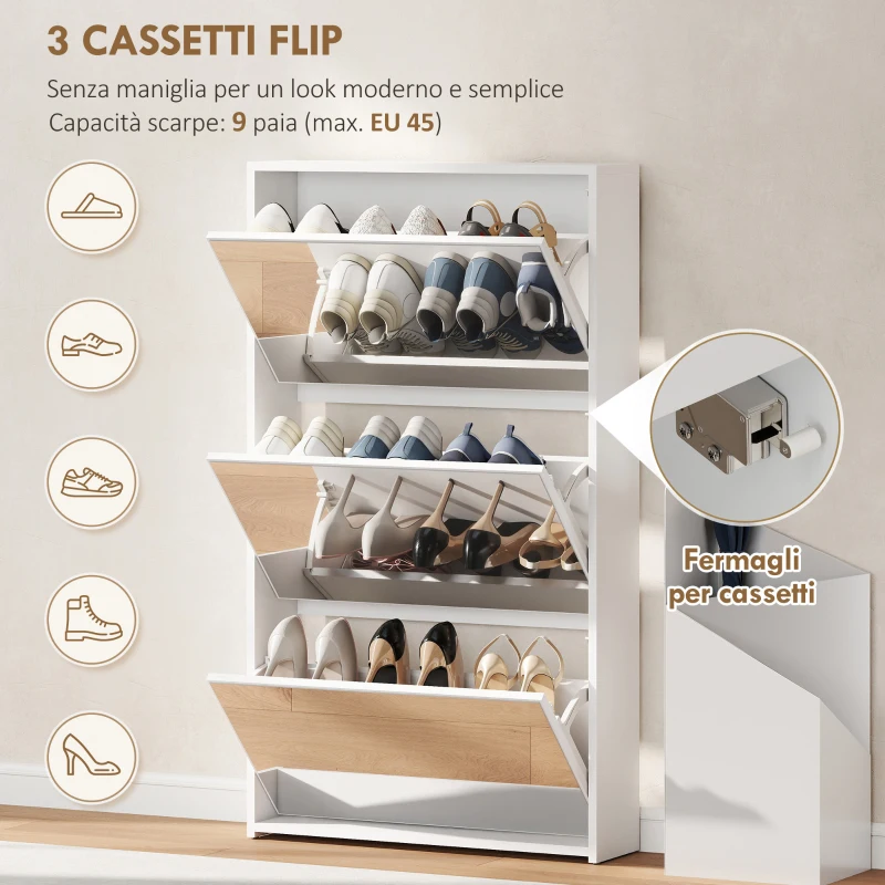 HOMCOM Scarpiera a Specchio con 3 Cassetti a Ribalta per 9 Paia di Scarpe, in Legno, 65x17x114.5 cm, Bianco