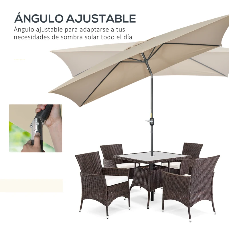 Outsunny Sombrilla de Aluminio 200x300x253 cm Parasol Rectangular de Jardín Inclinable con Manivela y Poste Desmontable Caqui