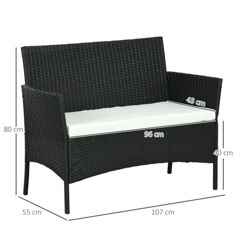 Outsunny Divano da Giardino a 2 Posti con Cuscino e Braccioli in Rattan PE e Acciaio, 107x55x80cm, Nero