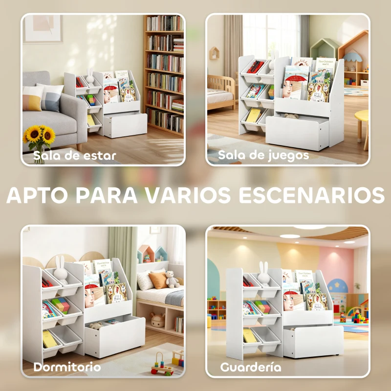 AIYAPLAY Estantería Infantil para Juguetes con 6 Cajas Extraíbles 3 Estantes Abiertos y Cajón Inferior con Ruedas para Guardería