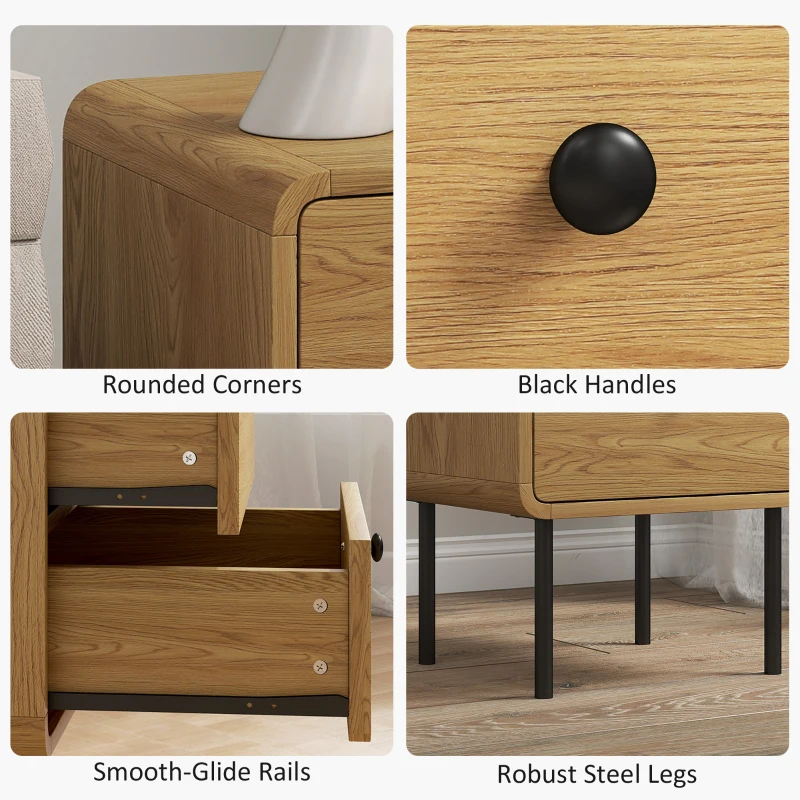 HOMCOM Bedside Table with 2 Drawers and Steel Legs - Oak
