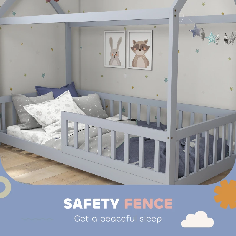 HOMCOM House-Shaped Kids Bed Frame with Guard Rails, Solid Pine Wood Single Bed Frame for Kids Boys and Girls, Grey