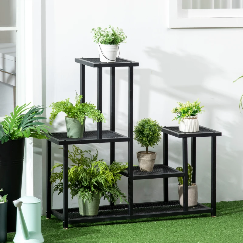 Outsunny Support à plantes à 4 niveaux pour intérieur et extérieur étagère plante en métal pour jardin, terrasse, balcon, noir