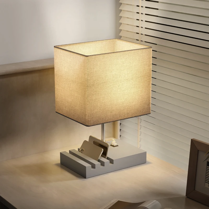 HOMCOM Bedside Lamp with USB A+C Charging Ports and 3 Phone Stands, Modern Table Lamp with Solid Wood Base and Fabric Shade for Bedroom Living Room Office, E27 Socket, Bulb Not Included, Grey
